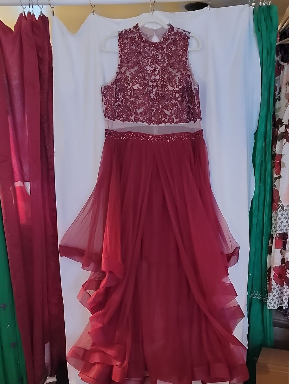 City Triangles Burgundy Red Beaded Bodice Evening Dress